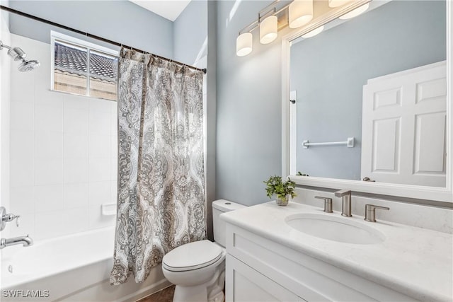 full bathroom with vanity, toilet, and shower / bathtub combination with curtain