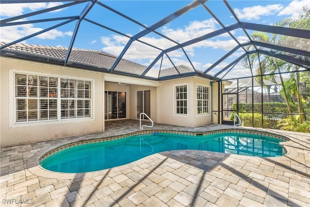 view of pool featuring glass enclosure and a patio