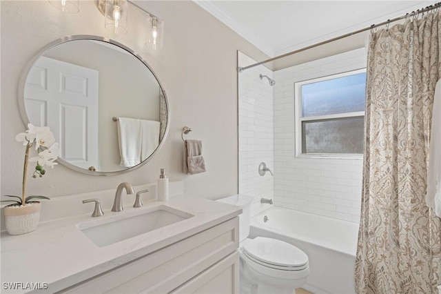 full bathroom featuring vanity, toilet, shower / bathtub combination with curtain, and ornamental molding