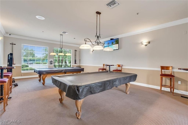 playroom featuring carpet flooring, ornamental molding, and pool table