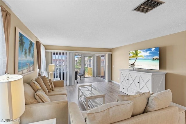 living room featuring a textured ceiling and light hardwood / wood-style flooring