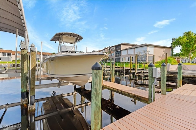 view of dock with a water view