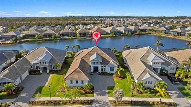 aerial view featuring a water view