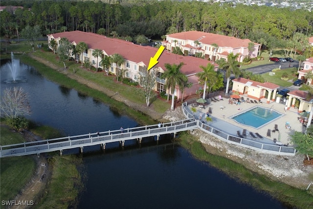 aerial view featuring a water view