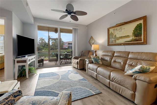 living room featuring ceiling fan and light wood-type flooring