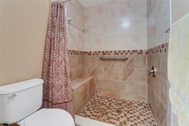 bathroom with a shower with shower curtain and toilet