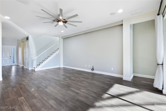 11727 Kati Falls Ln, Fort Myers, FL 33913 - unfurnished living room featuring stairway, recessed lighting, dark wood-style flooring, baseboards, and a ceiling fan