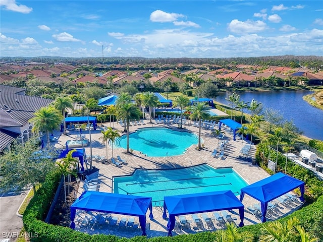 drone / aerial view featuring a water view