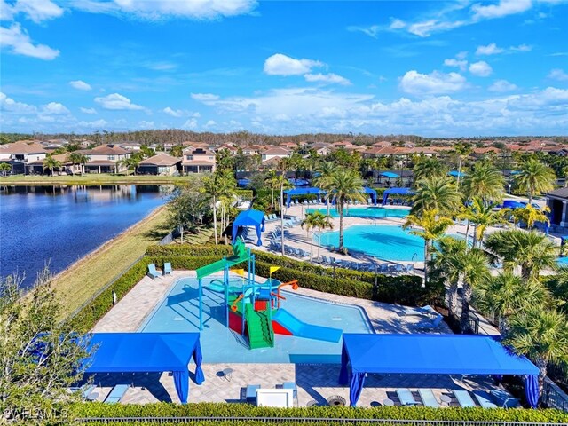 drone / aerial view featuring a water view