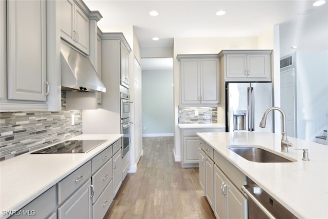 kitchen with appliances with stainless steel finishes, gray cabinets, and sink