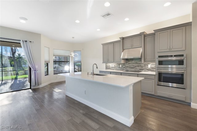 11727 Kati Falls Ln, Fort Myers, FL 33913 - kitchen with gray cabinetry, visible vents, under cabinet range hood, and a sink