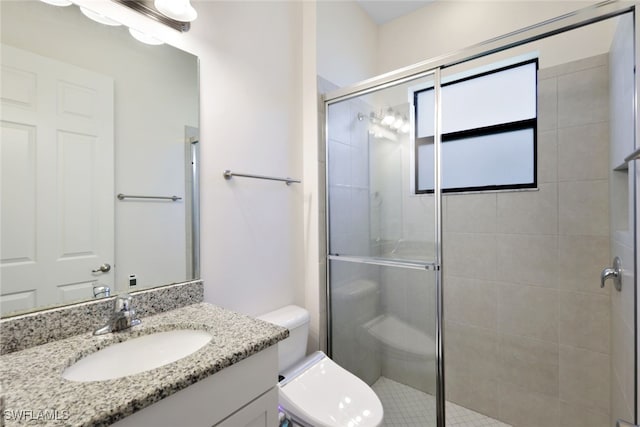 bathroom featuring vanity, toilet, and a shower with shower door