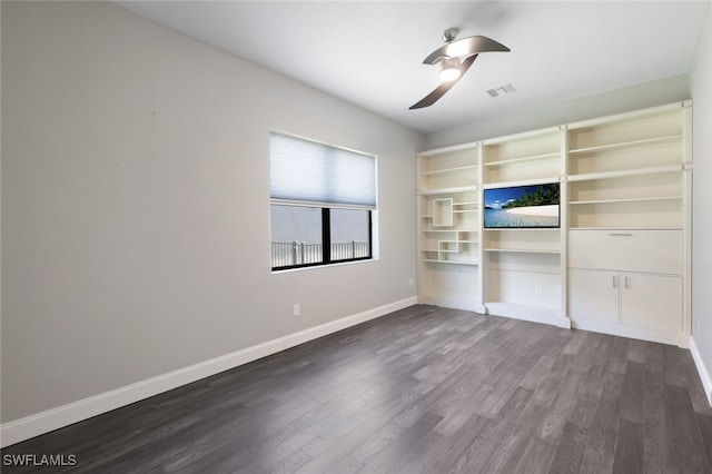 unfurnished bedroom with a closet, ceiling fan, and dark hardwood / wood-style flooring