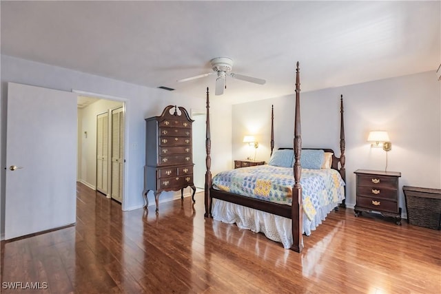 bedroom with hardwood / wood-style flooring and ceiling fan