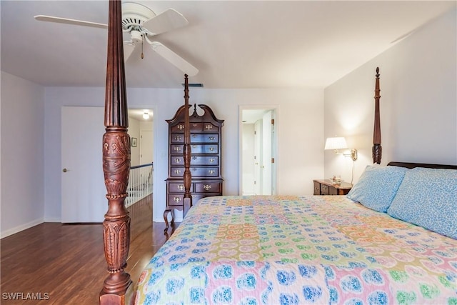 bedroom with ceiling fan and dark wood-type flooring