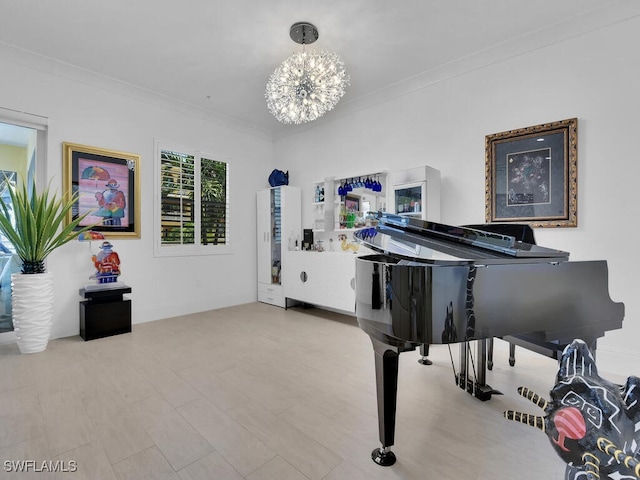 miscellaneous room featuring an inviting chandelier and ornamental molding