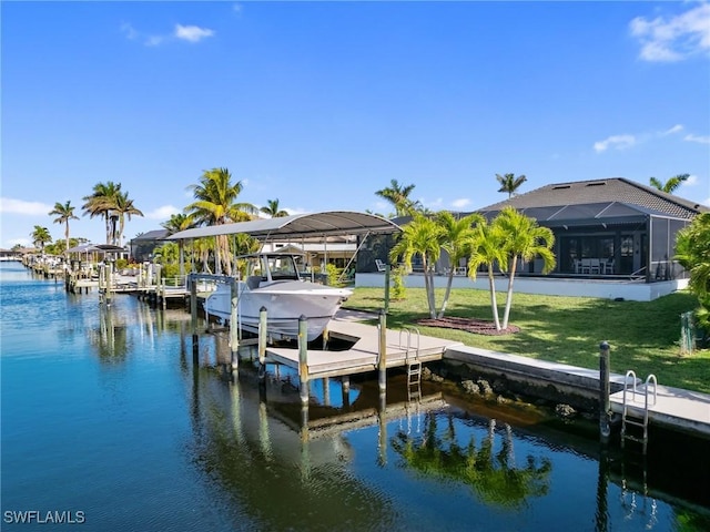 dock area featuring a lawn, glass enclosure, and a water view