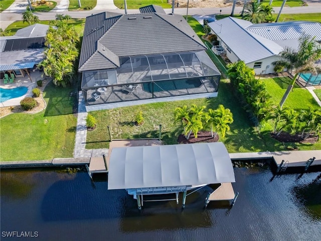 bird's eye view with a water view