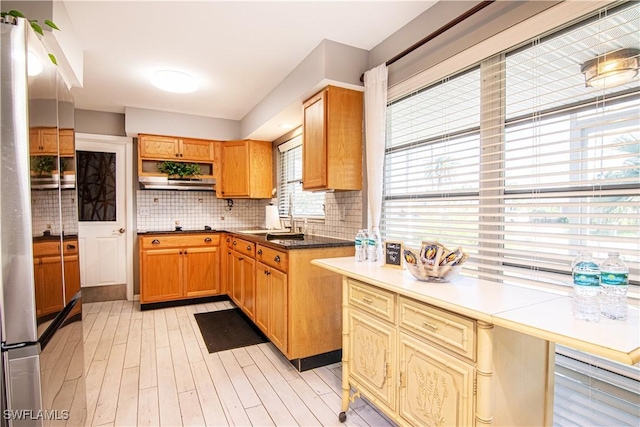 kitchen with decorative backsplash, light hardwood / wood-style flooring, and sink