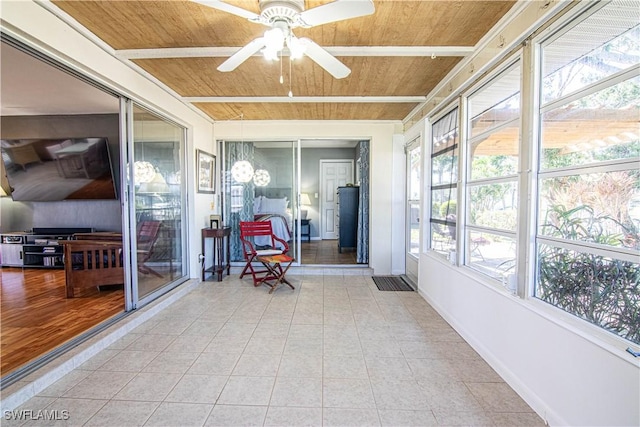 sunroom / solarium featuring ceiling fan and wood ceiling