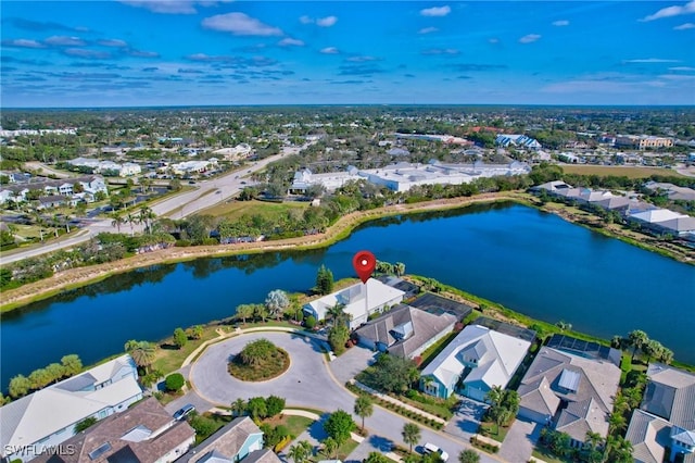 drone / aerial view featuring a water view