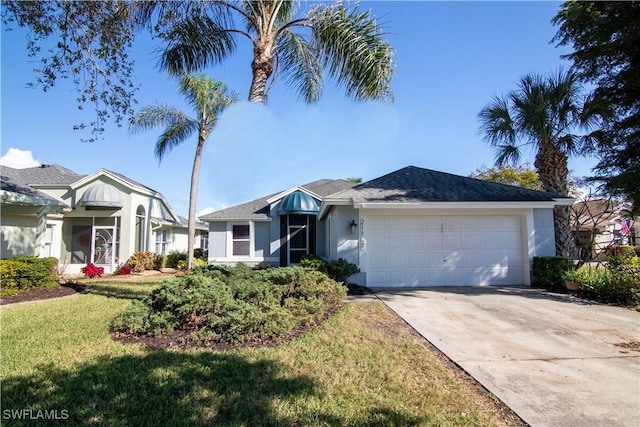 single story home featuring a front yard and a garage