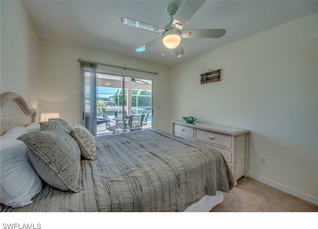 bedroom with access to exterior and ceiling fan