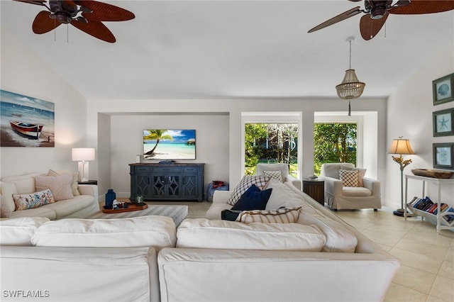 tiled living room featuring vaulted ceiling and ceiling fan