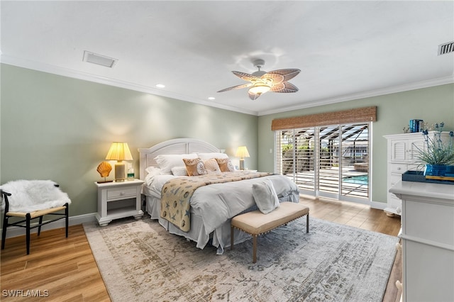 bedroom featuring access to outside, ceiling fan, light hardwood / wood-style flooring, and crown molding