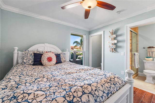 bedroom with ensuite bathroom, crown molding, and ceiling fan