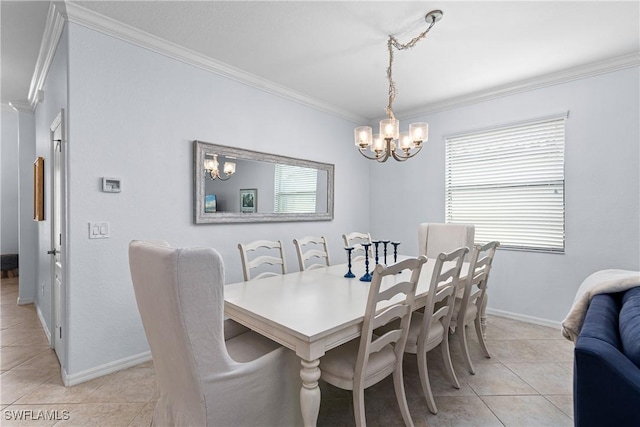 dining space featuring a notable chandelier, light tile patterned floors, and ornamental molding