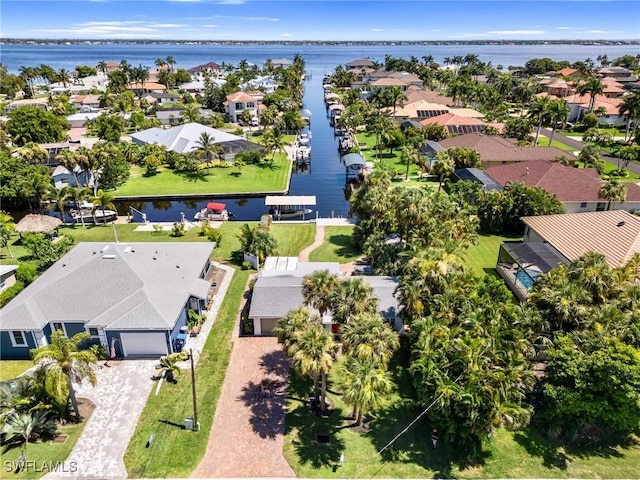 drone / aerial view with a water view