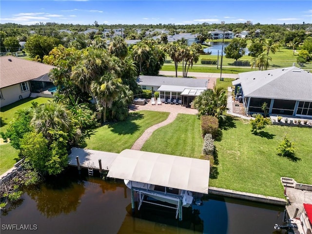 bird's eye view with a water view