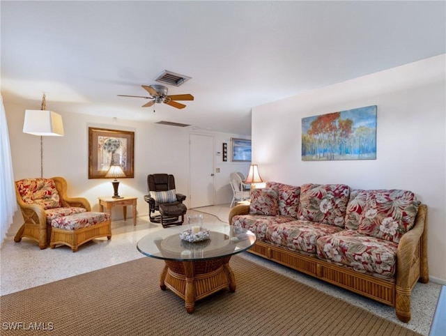 living room with ceiling fan