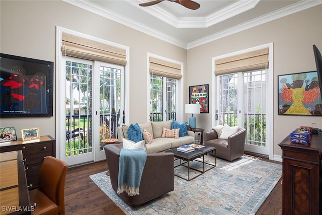 living room with ceiling fan, french doors, a raised ceiling, dark hardwood / wood-style floors, and ornamental molding