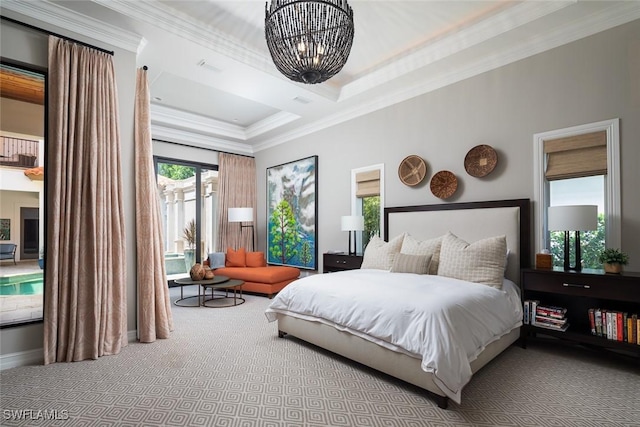 bedroom featuring crown molding, light colored carpet, and a chandelier