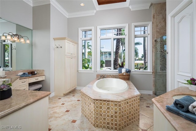 bathroom featuring separate shower and tub, vanity, and ornamental molding