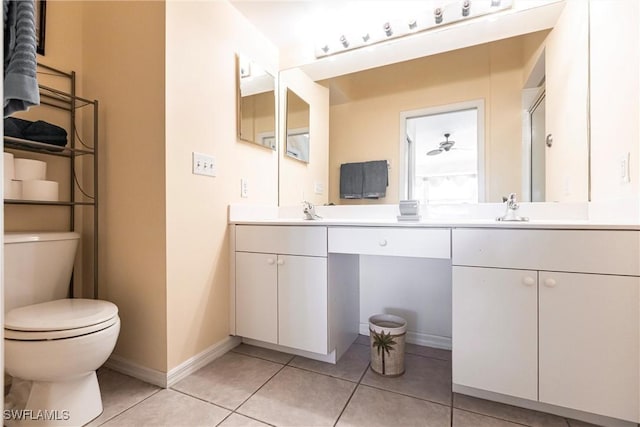 bathroom with an enclosed shower, vanity, ceiling fan, tile patterned flooring, and toilet