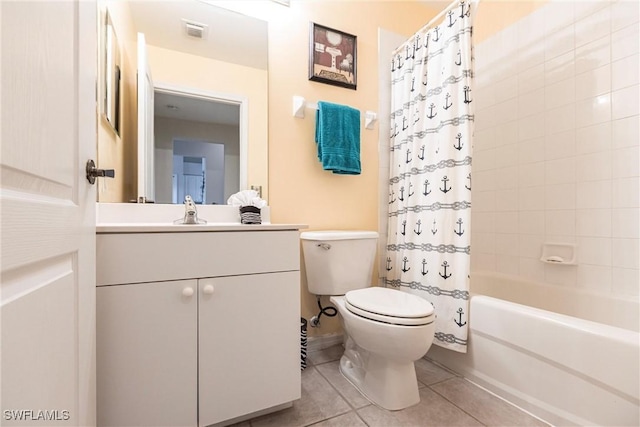 full bathroom with toilet, shower / tub combo, vanity, and tile patterned floors