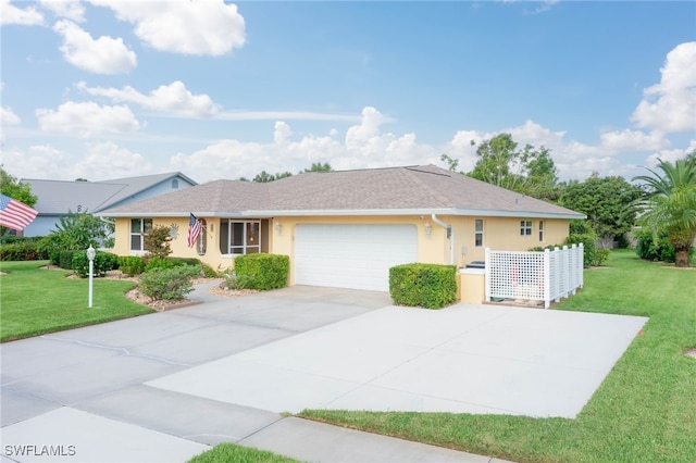 single story home featuring a front yard and a garage