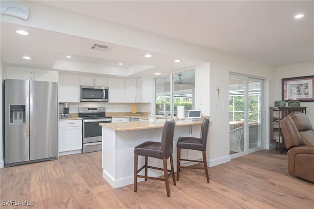 kitchen with light stone countertops, stainless steel appliances, a raised ceiling, kitchen peninsula, and white cabinets