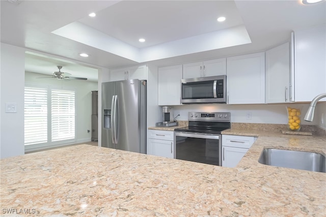 kitchen featuring a tray ceiling, white cabinetry, sink, and appliances with stainless steel finishes