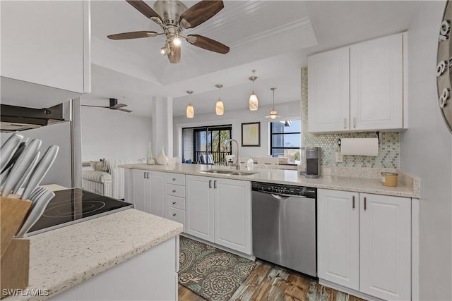 kitchen with a tray ceiling, sink, dishwasher, white cabinetry, and hanging light fixtures