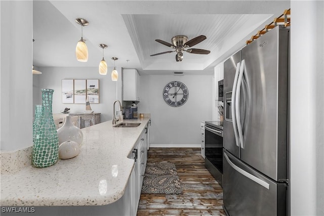 kitchen with sink, stainless steel appliances, dark hardwood / wood-style floors, pendant lighting, and a tray ceiling