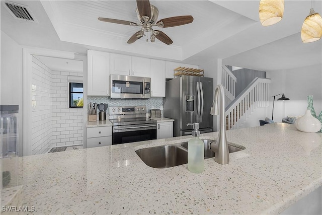 kitchen with white cabinetry, sink, stainless steel appliances, light stone counters, and a tray ceiling