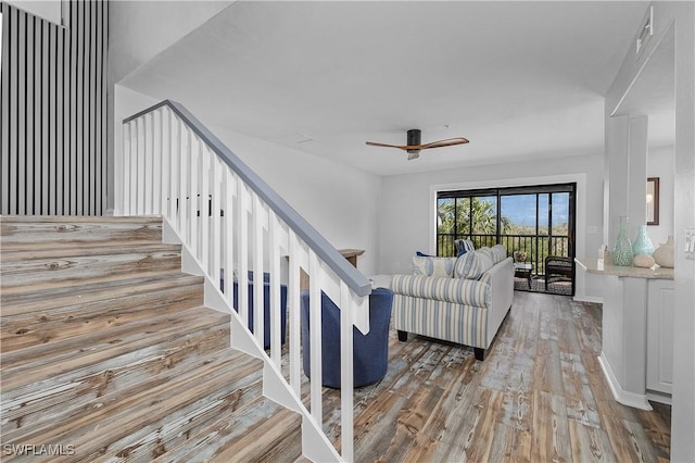 living room featuring ceiling fan and light hardwood / wood-style flooring