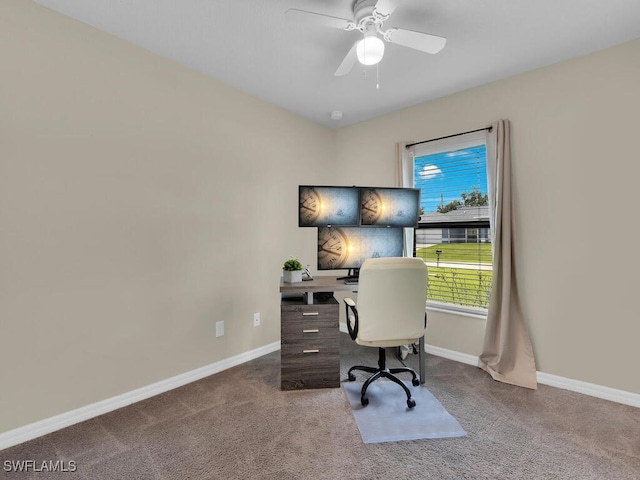 office space with carpet flooring and ceiling fan