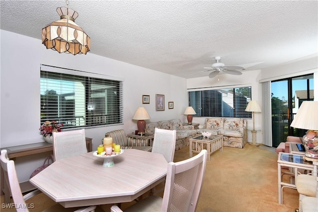 carpeted dining space featuring ceiling fan and a textured ceiling