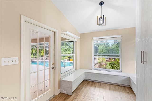 doorway to outside featuring wood-type flooring and lofted ceiling