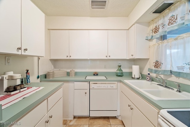 kitchen with dishwasher, range, sink, a textured ceiling, and white cabinetry